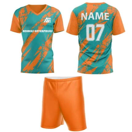 Custom field hockey uniform in orange and teal abstract pattern by Adrees Enterprises.