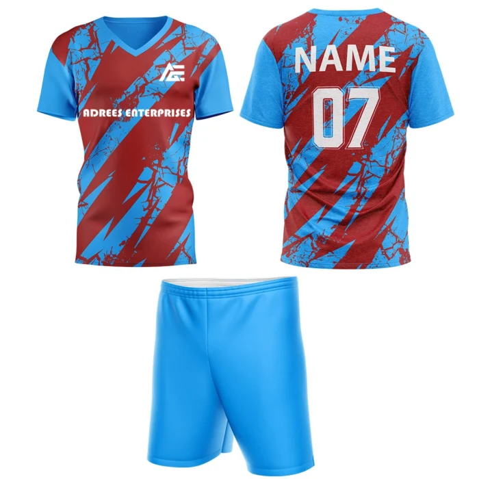 Custom field hockey uniform in red and sky blue abstract pattern by Adrees Enterprises.
