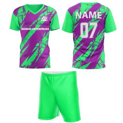 Custom field hockey uniform in purple and lime green abstract pattern by Adrees Enterprises.