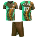 Custom field hockey uniform in green and brown abstract splash design by Adrees Enterprises.