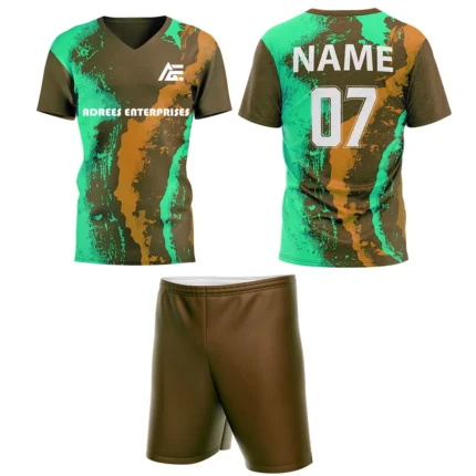 Custom field hockey uniform in green and brown abstract splash design by Adrees Enterprises.