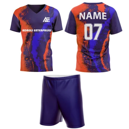 Custom field hockey uniform in purple and orange abstract splash design by Adrees Enterprises.