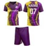 Custom field hockey uniform in yellow and purple abstract splash design by Adrees Enterprises.