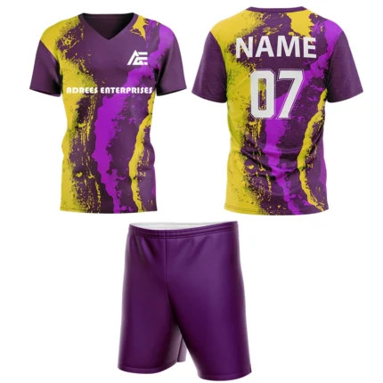 Custom field hockey uniform in yellow and purple abstract splash design by Adrees Enterprises.