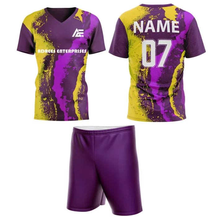 Custom field hockey uniform in yellow and purple abstract splash design by Adrees Enterprises.