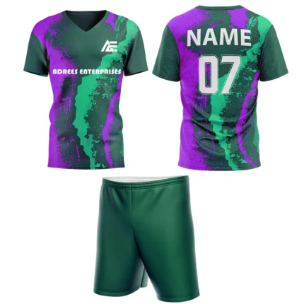 Custom field hockey uniform in green and purple abstract splash design by Adrees Enterprises.