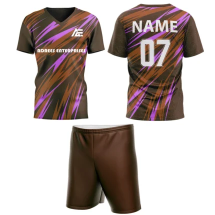 Custom field hockey uniform in brown and purple lightning stripe design by Adrees Enterprises.
