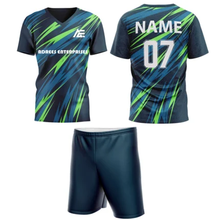 Custom field hockey uniform in navy blue and neon green lightning stripe design by Adrees Enterprises.