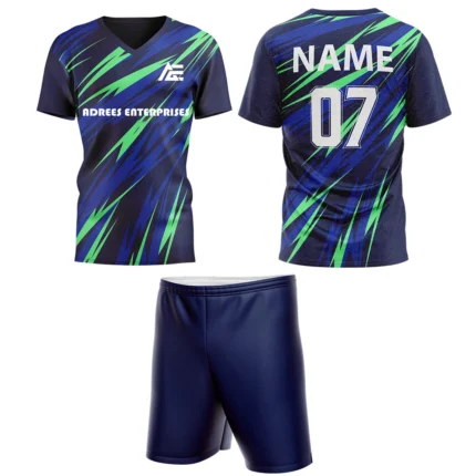 Custom field hockey uniform in blue and green lightning stripe design by Adrees Enterprises.