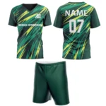 Custom field hockey uniform in green and yellow lightning stripe design by Adrees Enterprises.