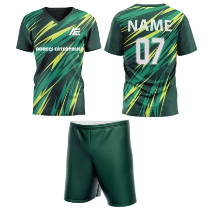 Custom field hockey uniform in green and yellow lightning stripe design by Adrees Enterprises.