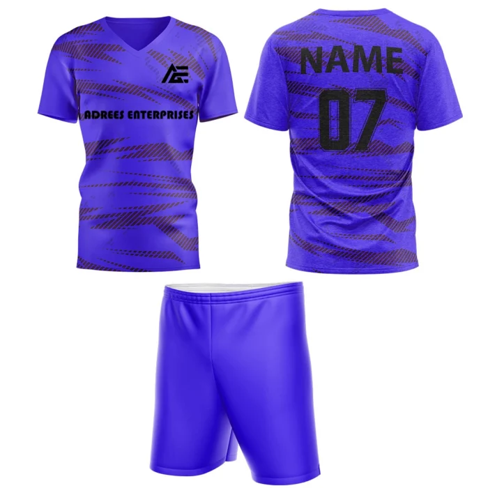 Custom field hockey uniform in royal blue with black textured lines by Adrees Enterprises.