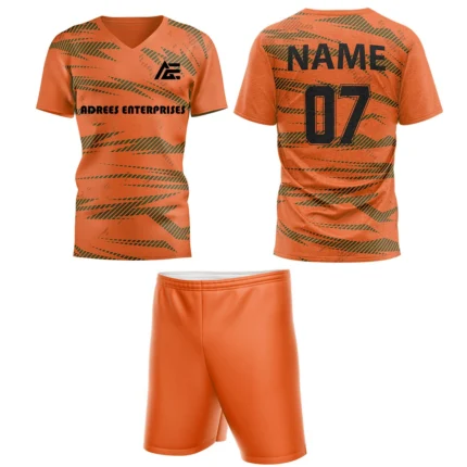 Custom field hockey uniform in orange with black textured lines by Adrees Enterprises.