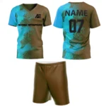 Custom field hockey uniform in brown and blue gradient pattern by Adrees Enterprises.