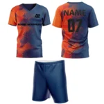 Custom field hockey uniform in navy blue and orange gradient pattern by Adrees Enterprises.