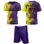 Custom field hockey uniform in purple and yellow gradient pattern by Adrees Enterprises.