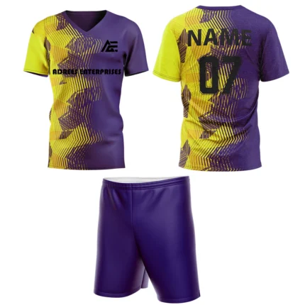 Custom field hockey uniform in purple and yellow gradient pattern by Adrees Enterprises.