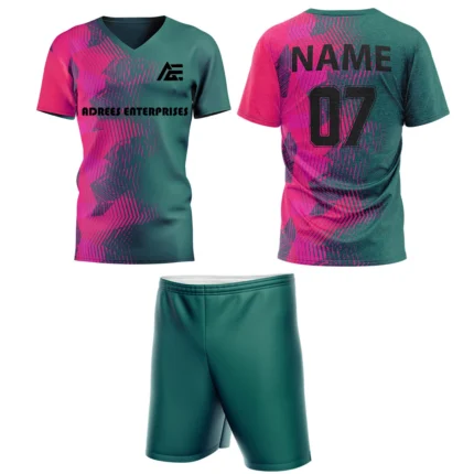 Custom field hockey uniform in green and pink gradient pattern by Adrees Enterprises.