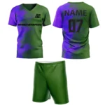Custom field hockey uniform in green and purple gradient pattern by Adrees Enterprises.