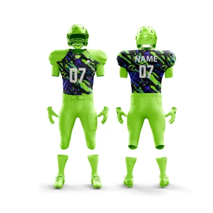 Neon green football uniform with bold camouflage graphics.
