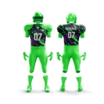 Green football uniform with purple and black camouflage pattern.