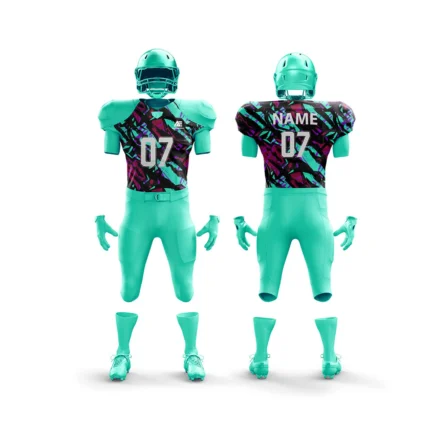 Teal football uniform with colorful camouflage print.