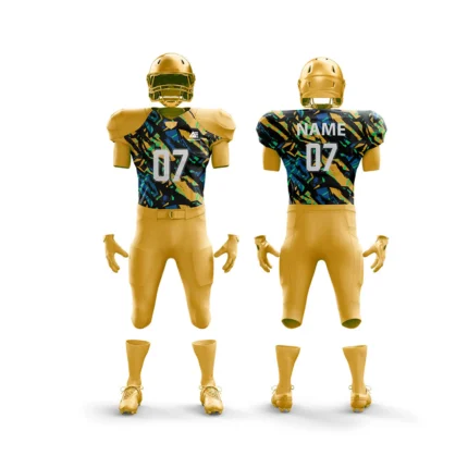 Yellow football uniform with colorful camo-inspired graphics.