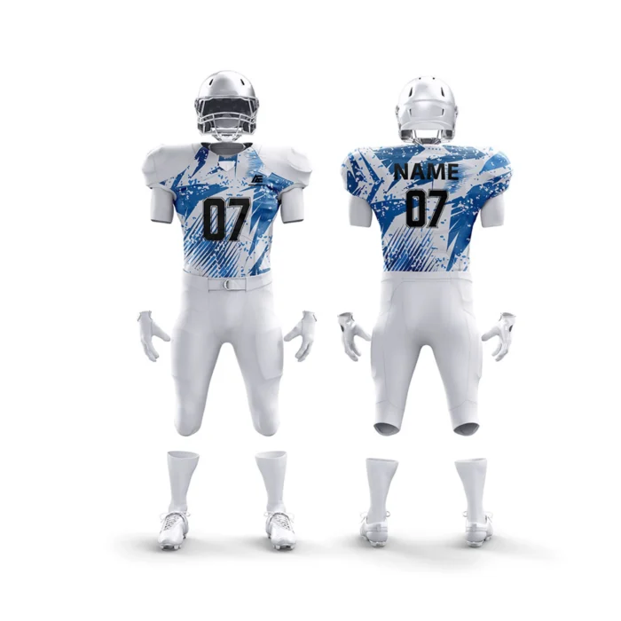 White and blue football uniform with abstract graphic design.