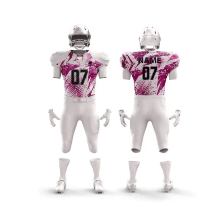White and pink football uniform with modern graphics.