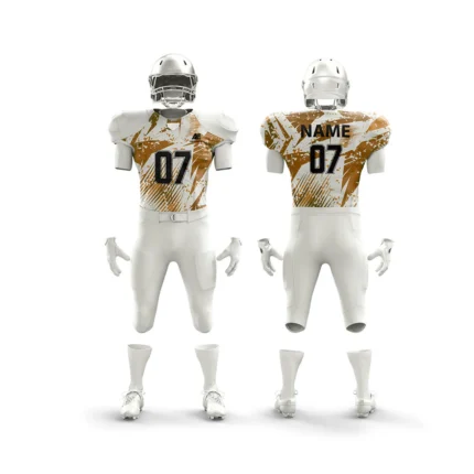 White and gold football uniform with graphic accents.