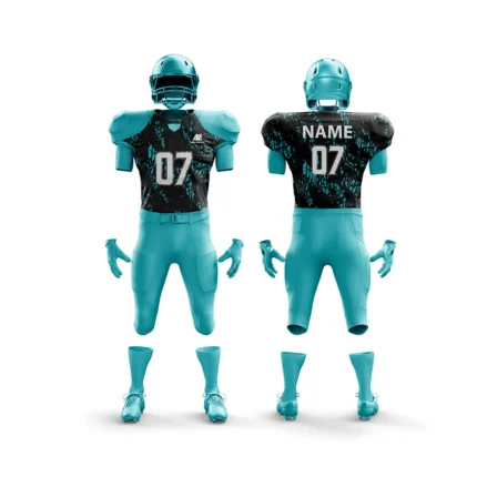 Teal football uniform with black and teal splatter graphic design.