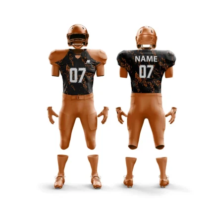 Brown football uniform with black and orange splatter design.