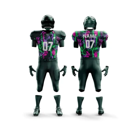 Custom American football uniform kit with vibrant color design by Adrees Enterprises, front and back view.