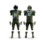Custom American football uniform kit with vibrant color design by Adrees Enterprises, front and back view.