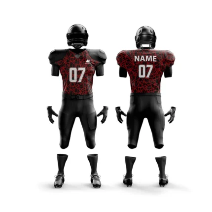Front and back view of a custom black and red American football uniform with number 07.