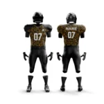 Front and back view of a custom black and gold American football uniform with number 07.