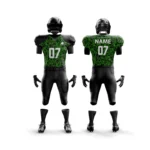 Front and back view of a custom black and green American football uniform with number 07.