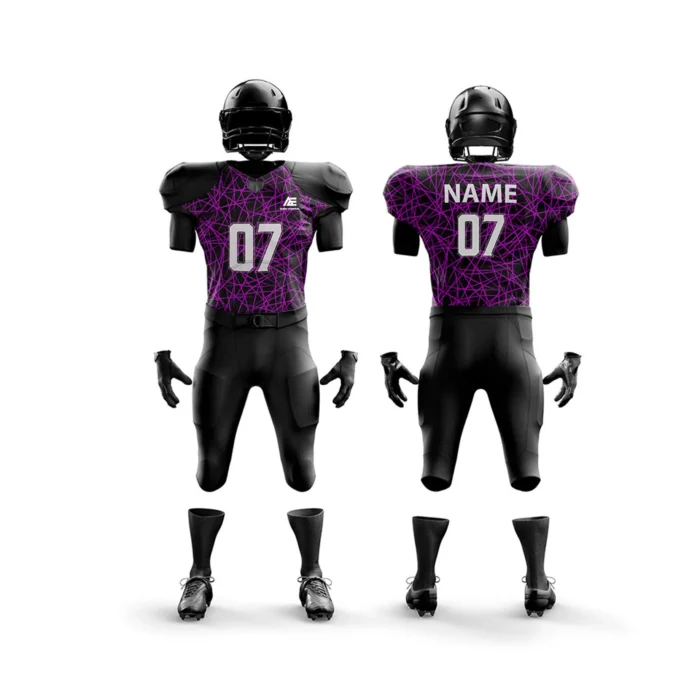 Front and back view of a custom black and purple American football uniform with number 07.