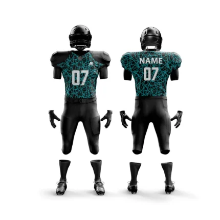 Front and back view of a custom black and blue American football uniform with number 07.