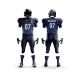 Front and back view of a custom dark blue American football uniform with number 07.