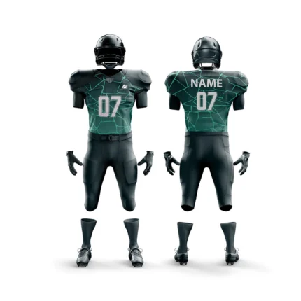 Front and back view of a custom dark green American football uniform with number 07.