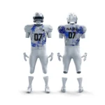 Front and back view of a custom white and blue splatter American football uniform with number 07.