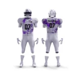 Front and back view of a custom white and purple splatter American football uniform with number 07.