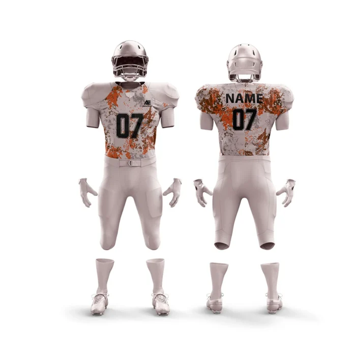 Front and back view of a custom white and orange splatter American football uniform with number 07.