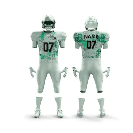 Front and back view of a custom white and green splatter American football uniform with number 07.