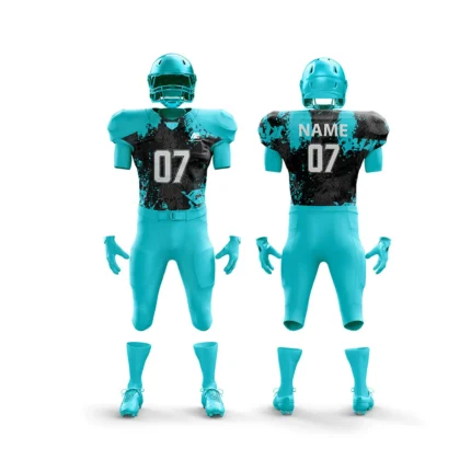 Custom football uniform with teal and black design