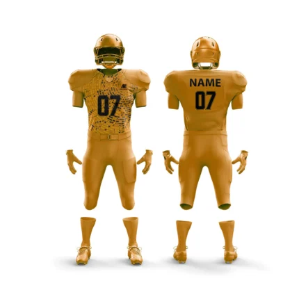Custom gold American football uniform front and back view designed by Adrees Enterprises.