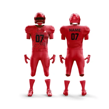 Custom red American football uniform front and back view designed by Adrees Enterprises.
