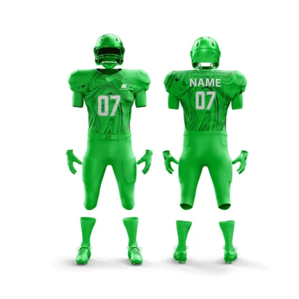 Front and back view of a custom green American football uniform kit featuring number 07 and customizable name.