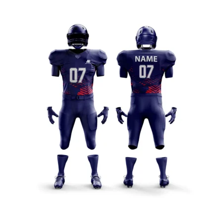 Custom navy-blue American football uniform front and back view.